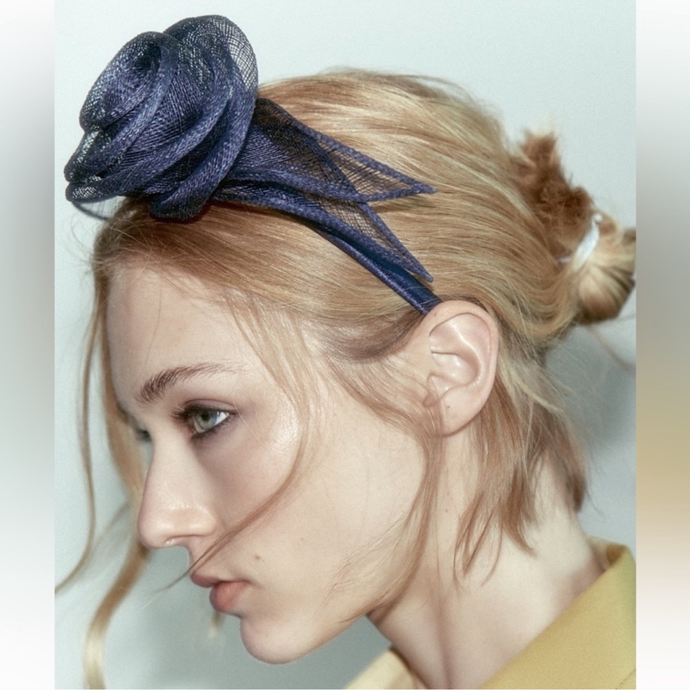 ZARA FLORAL HEADPIECE HEADBAND NWT MIDNIGHT NAVY BLUE FLOWER APPLIQUÉ NWT